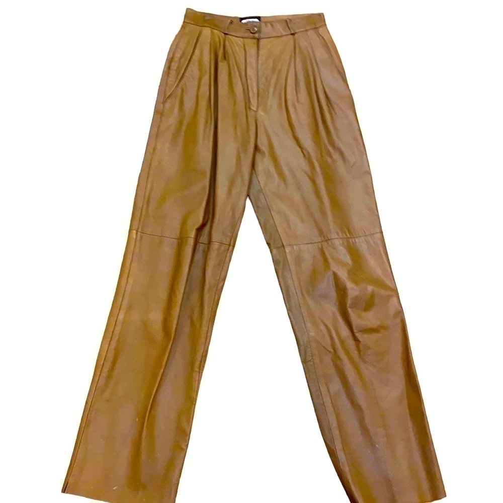 TOFFS dark rich camel💯 leather pleated pants. Size 6P. Lined. Vintage. EUC.
